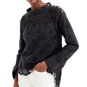 J Crew Black Eyelet Button-Detail Top